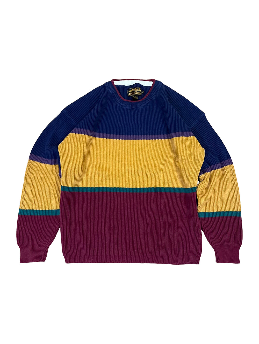 Vintage 90s Eddie Bauer Sweater Mens XL Blue Yellow Red Striped Cotton Knit